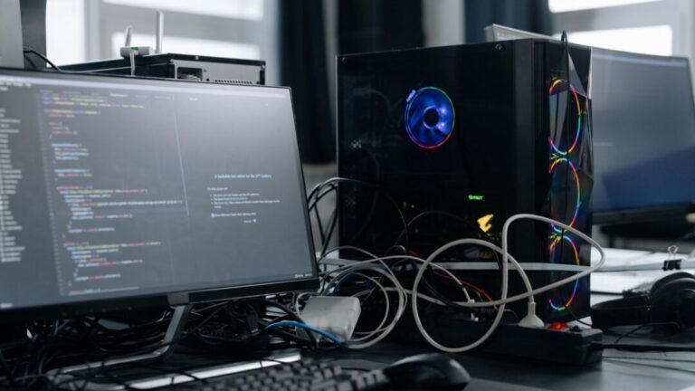 A modern workspace featuring a computer monitor with code, a PC tower, and peripherals.